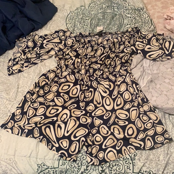 Beautiful Navy Blue and Cream, Off Shoulder Romper - Picture 2 of 3